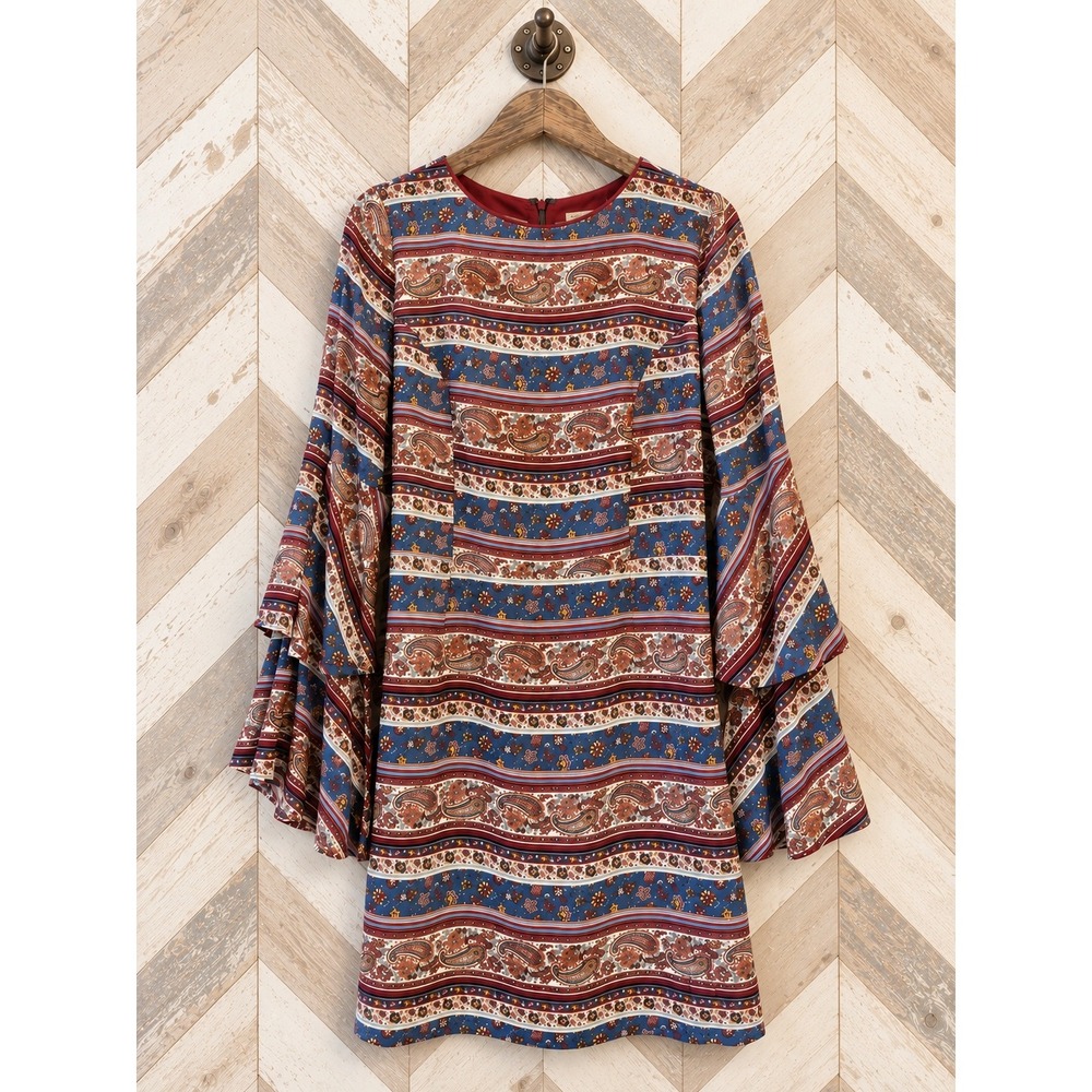 Altar'd State Paisley Tiered Bell Sleeve Mini Boho Dress Blue Burgundy M NWOT